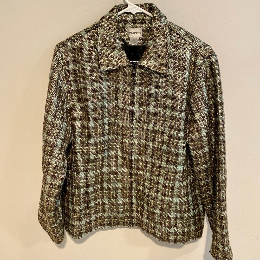 Chico's Jacket Sz 2 (sz L or 12) Coat Gold Houndstooth Zip Lined  Metallic